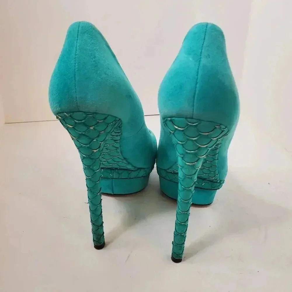 Brian Atwood Turquoise Mermaid Platforms Pumps 8 - Picture 6 of 8